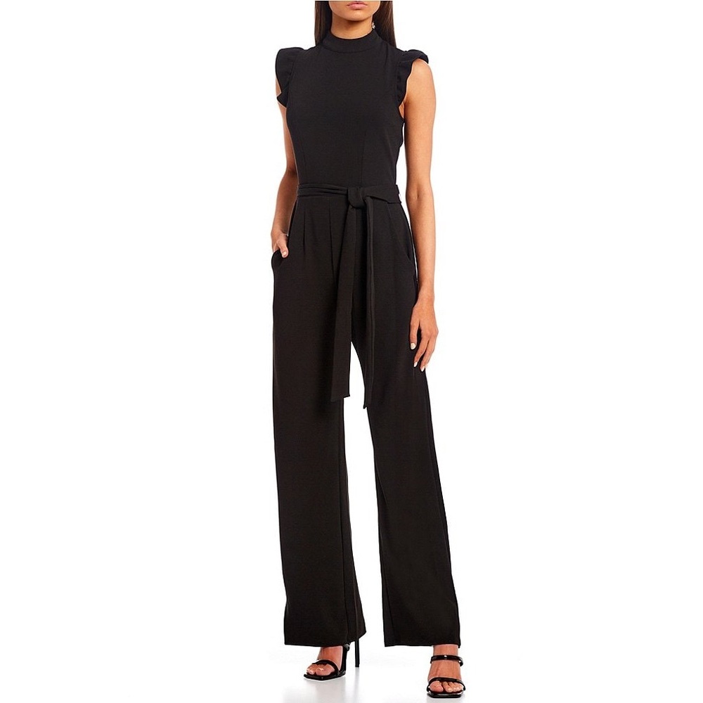 Moa Moa brand Black High Neck Flutter Sleeve Tie Waist Jumpsuit Size Large NWT